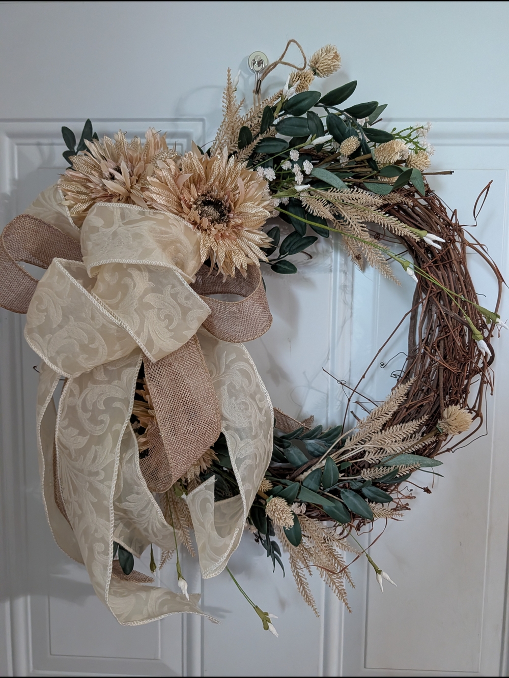 Handmade Fall  Cream & Green Grapevine Wreath with Burlap Bow